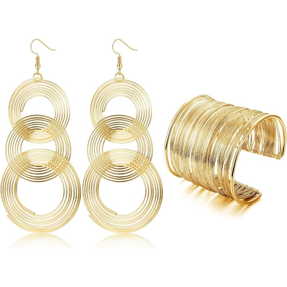 Glamorous 70s Disco Jewelry: Swirl Earrings With Adjustable Wire Cuff Bracelet